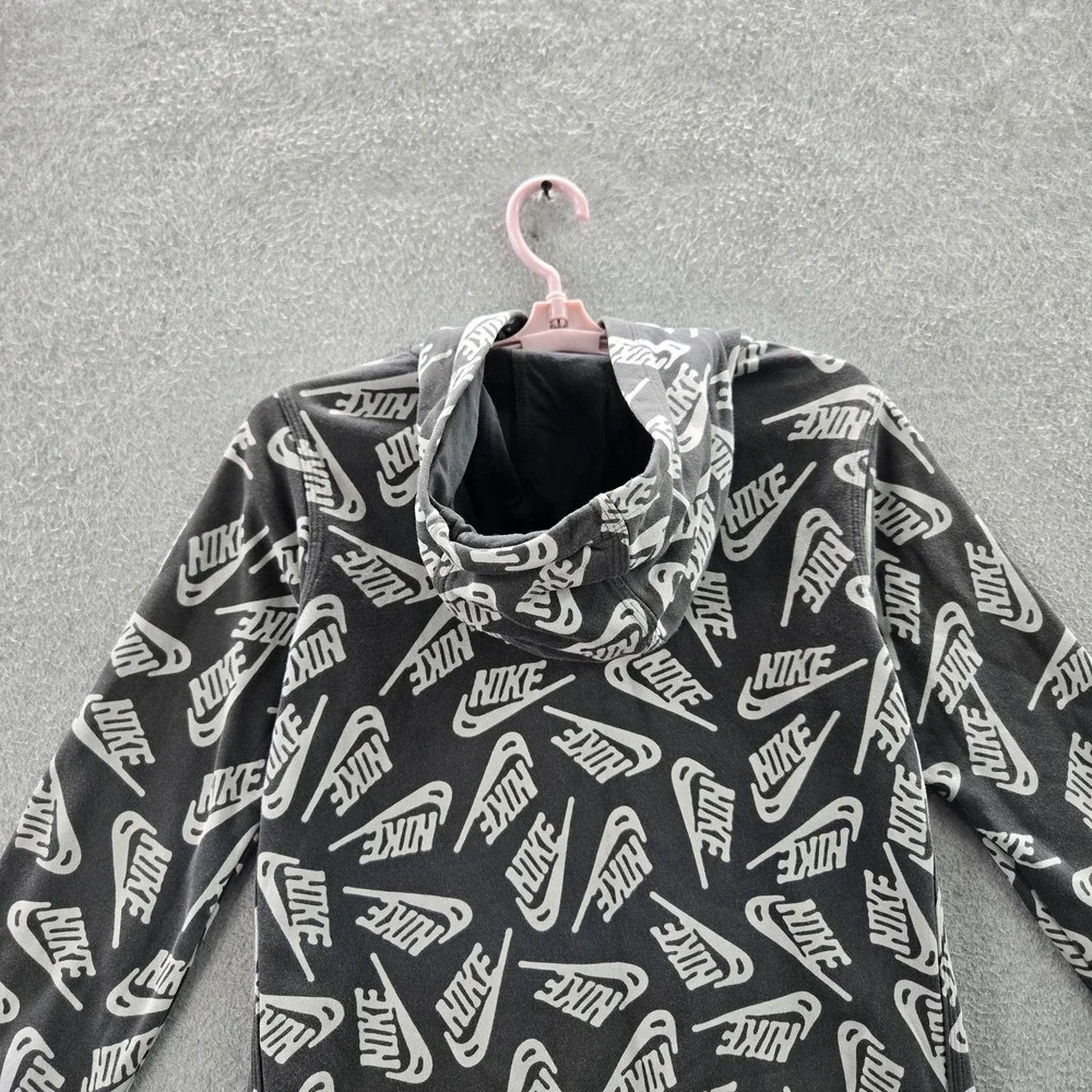Nike Boy Hoodie XL Black Allover‎ Print Fleece DJ5508-070 Logo Long Sleeve